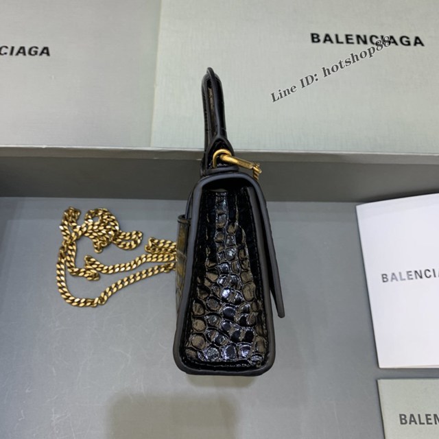 Balenciaga專櫃爆款mini Hourglass沙漏包 巴黎世家鱷魚紋黑色金扣超迷你號手提肩背女包 fyj1552